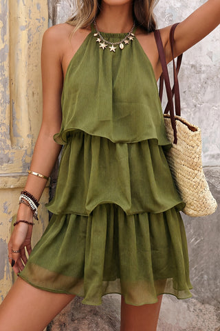Solid Color Halter Neck Layered Hem Dress