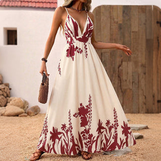 Deep V Neck Printed Back Cross Maxi Dress