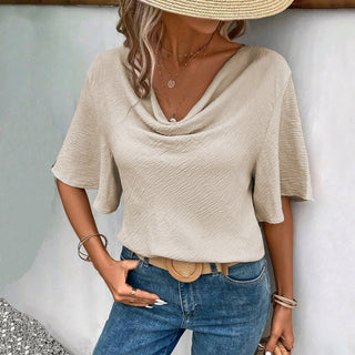 Solid Color Cowl Neck Short Sleeves Top