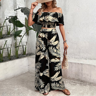 Off The Shoulder Leaf Print Two Piece Set