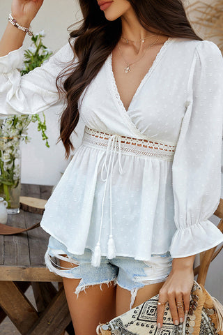Lace Patchwork V Neck Solid Color Shirt