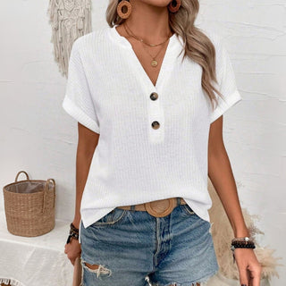 Solid Color V Neck Button Casual T-Shirt