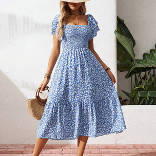 Floral Print Square Neck Smocked Dress