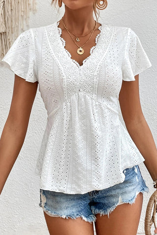Lace Patchwork V Neck Solid Casual Top