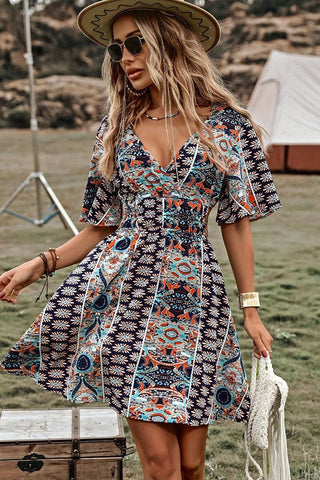 Ethnic Print V Neck Batwing Sleeves Dress