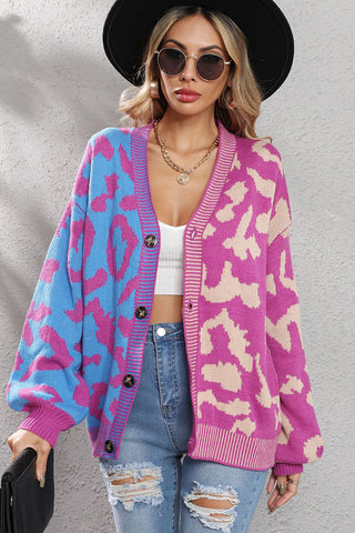 Leopard Patchwork Color Block Button Cardigan