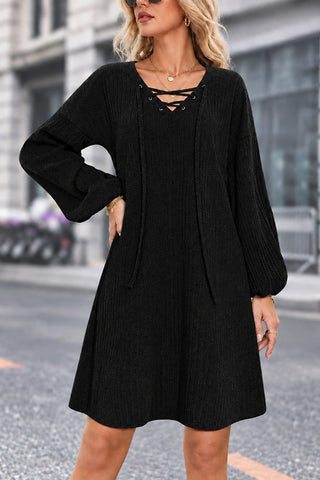 V Neck Cross Tie Lantern Sleeve Knitted Dress