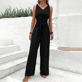 V Neck Solid Knot Front Casual Jumpsuit