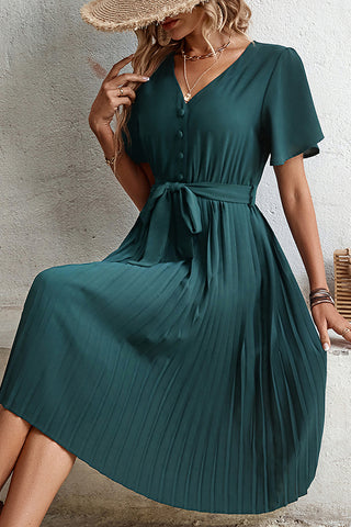Solid Color V Neck Flare Sleeve Pleated Dress