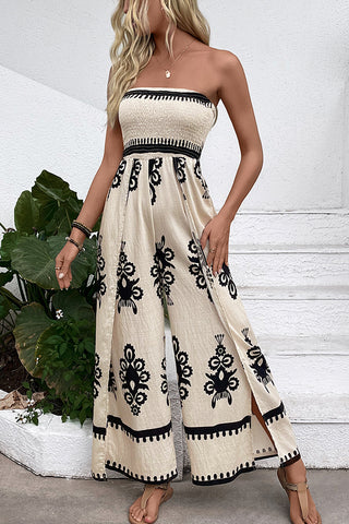 Smocked Bandeau Printed Slit Design Jumpsuit