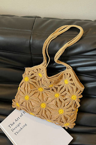 Color Block Flower Design Hollow Weave Bag