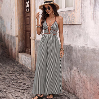 Stripe Print Color Block Deep V Neck Dress