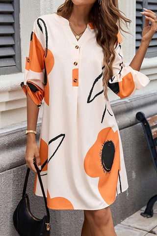 Fashion Color Block V Neck Button Dress