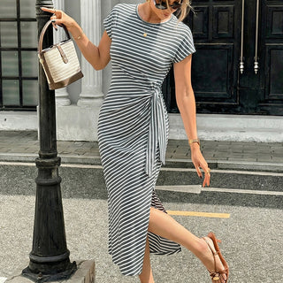 Stripe Print Knot Side Slit Design Dress