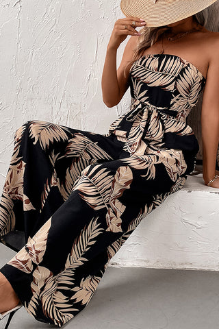 Leaf Print Bandeau Tie Waist Jumpsuit