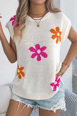 Floral Design Round Neck Casual Knit Top