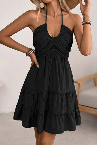Smocked Back U Neck Halter Neck Mini Dress