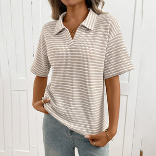 Color Block Lapel Knitted Short Sleeve Tops
