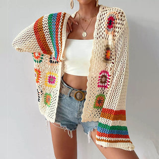 Ethnic Style Color Block Hollow Retro Cardigan