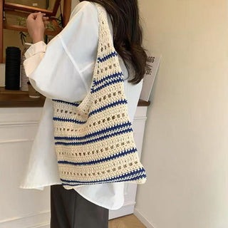 Stripe Design Hollow Color Block Weave Bag