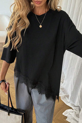 Lace Patchwork Asymmetrical Hem Casual Tops