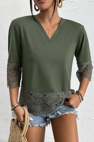 Lace Patchwork V Neck Solid Casual Top