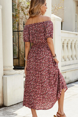 Resort Style Floral Print Off The Shoulder Dress