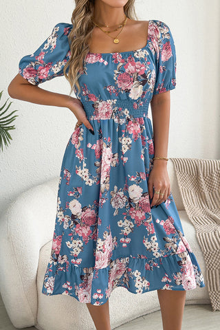Resort Style Floral Print Smocked Waist Dress