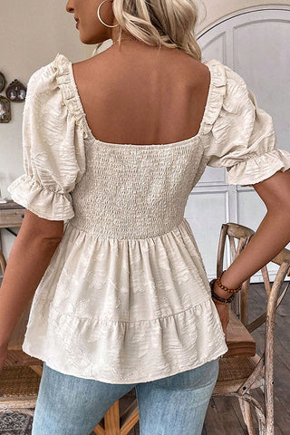 Solid Color Square Neck Smocked Casual Top