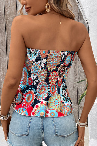 Smocked Bandeau Printed Irregular Hem Top