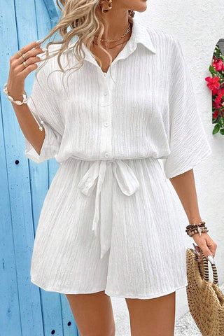 Solid Color Lapel Tie Waist Casual Romper