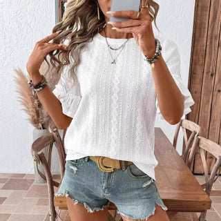 Solid Color Ruffle Sleeve Casual Tops