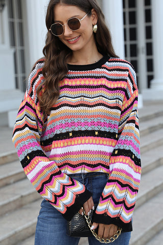 Color Block Knitted Long Sleeve Casual Tops