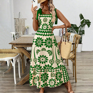 Boho Style Printed Tie Shoulder Smocked Back Dress