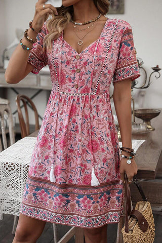 Bohemian Style Printed V Neck Tassel Mini Dress