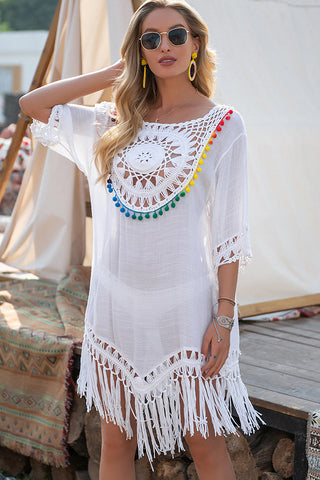 Color Block Crochet Patchwork Tassel Swimsuit Cover Up