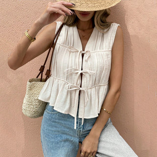 Solid Color Tie Front Hollow Design Casual Top