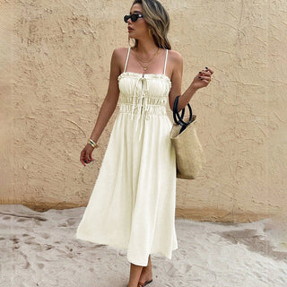 Solid Color Pleated Tie Front Frill Slip Dress
