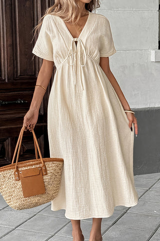 Deep V Neck Tie Front Solid Color Dress