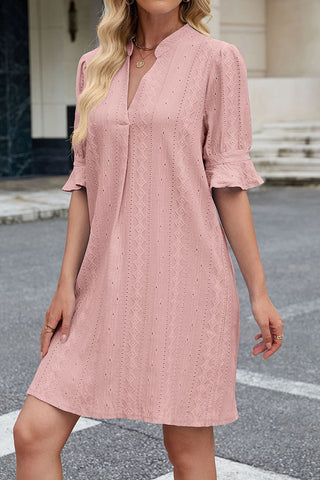 Solid Color V Neck Ruffle Sleeve Dress