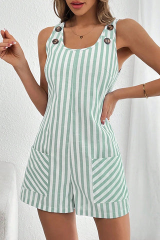 Stripe Print U Neck Button Casual Romper