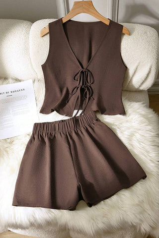 V Neck Solid Tie Front Cutout Two Piece Set