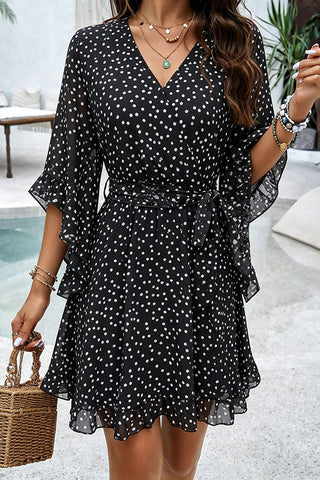 Polka Dot Print V Neck Chiffon Dress