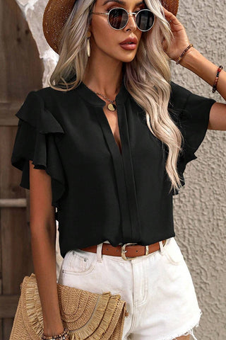 V Neck Double Layer Ruffle Sleeve Casual Shirt