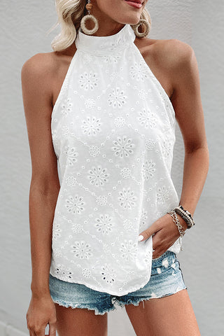White Jacquard Halter Mock Neck Casual Top