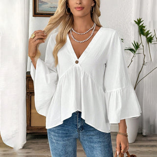 V Neck Solid Ruffle Sleeves Casual Tops