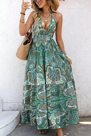 Boho Deep V Neck Printed Tassel Halter Neck Dress