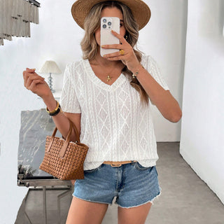 V Neck Solid Short Sleeve Casual Top