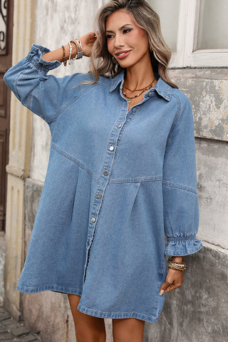 Solid Color Lapel Button Loose Denim Dress