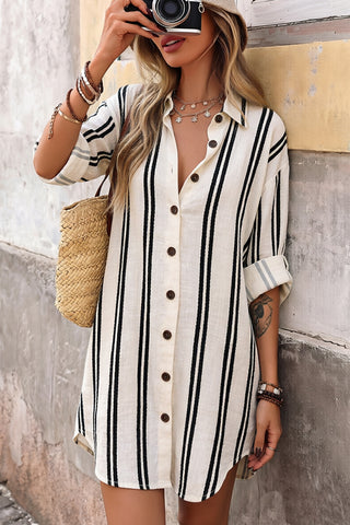 Stripe Print Lapel Button Shirt Dress